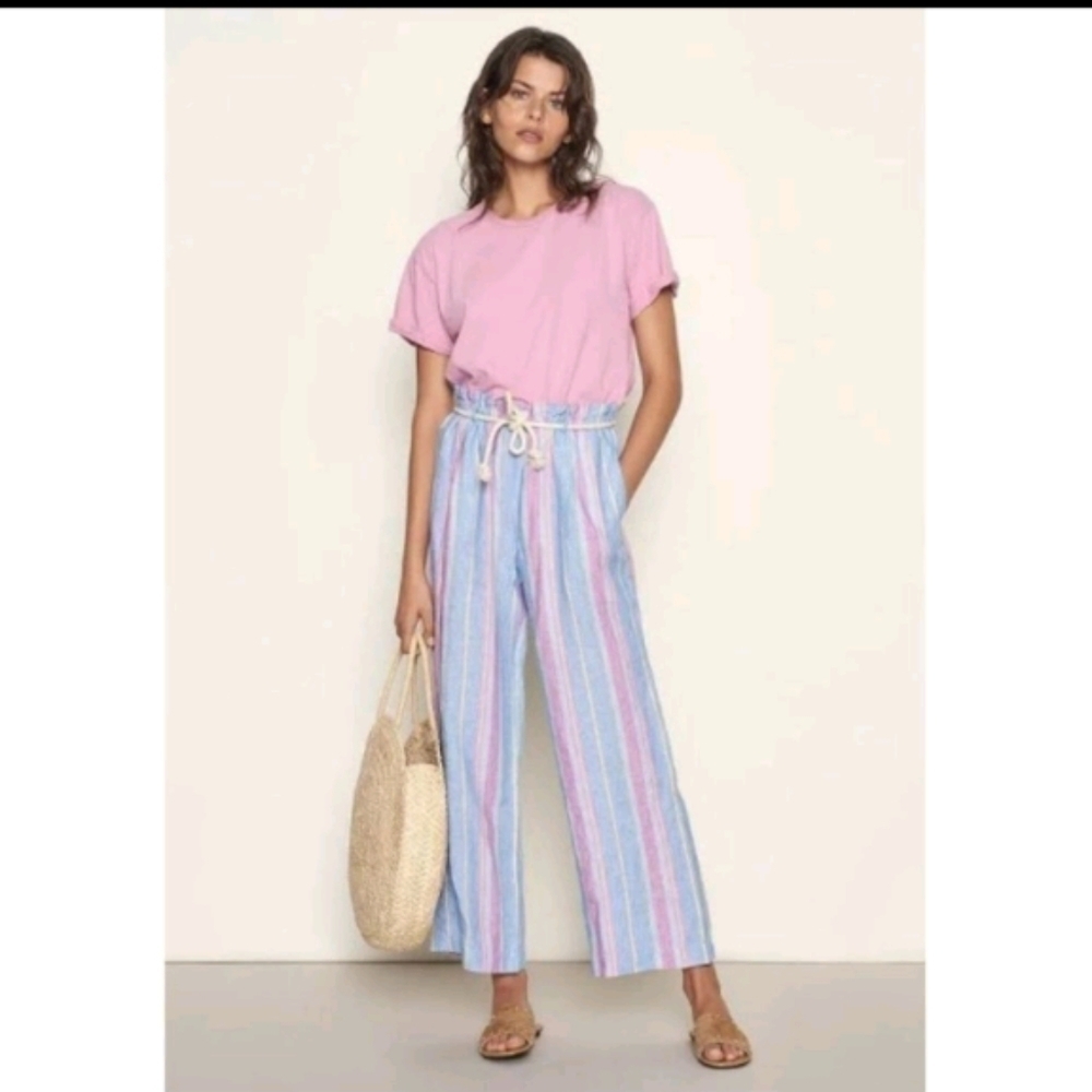 FRAME linen stripe wide leg crop belted sz Xs